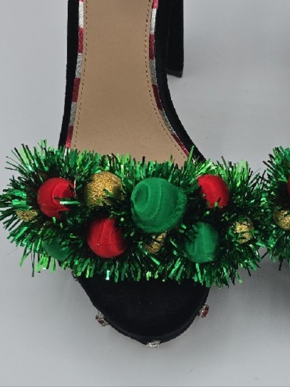 ANTONIO MELANI Black Velvet Heels with Green Tinsel and Red & Gold Ornaments - Picture 4 of 17